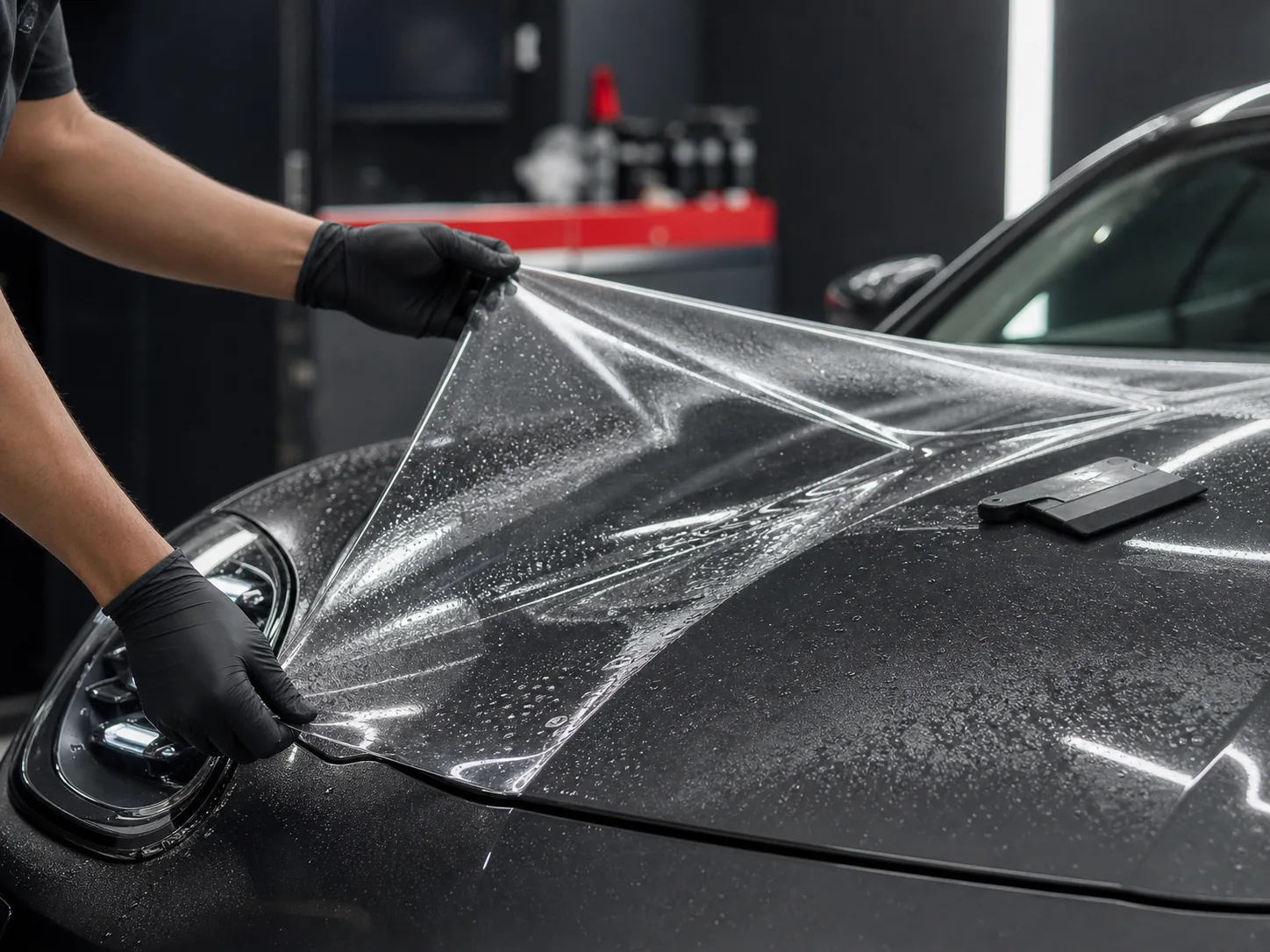 Técnico instalando película de protección en un taller automotriz
